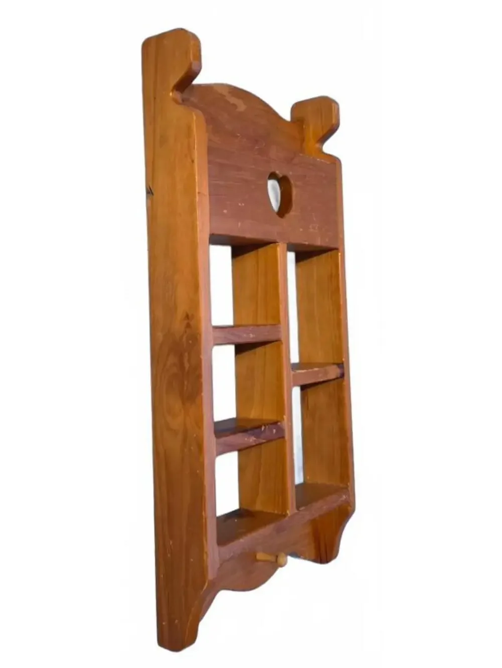 Vintage Pine Wood Wall Cubby Shelf Heart Cutout 5 Compartments Farmhouse